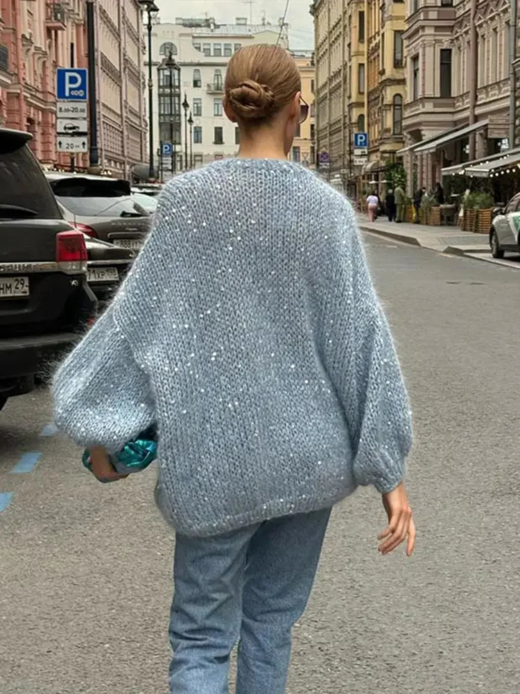 Lady Street Knitwear Sweater Fashion Shiny Sequins Women Mohair Knitted Cardigan Chic V Neck Long Lantern Sleeve Sweater 2025 250225