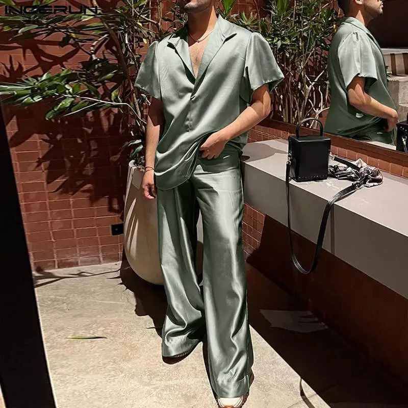 Men Sets Solid Color Streetwear Satin Lapel Short Sleeve Shirt Pants Two Pieces Sets Fashion Mens Casual Suits INCERUN 250225