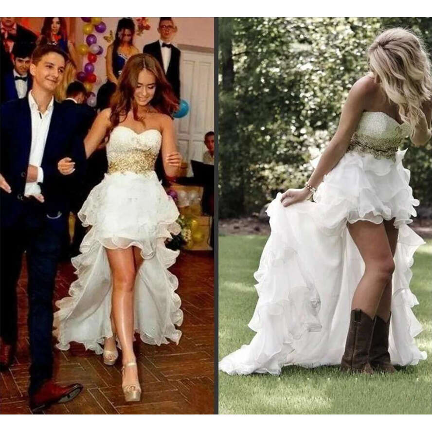 Sweetheart Country Boho Wedding Dresses Gown High Low Gold Lace Beads Strapless Ruched Bridal Gowns Short Front Long Back Train Vestidos De Novia