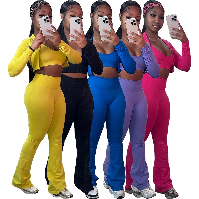 Womens Tracksuits Three Piece Set 2025 New Fashion Basic Solid Color Short Top High Waist Micro Horn Sports And Leisure Sportwear 5 Colors