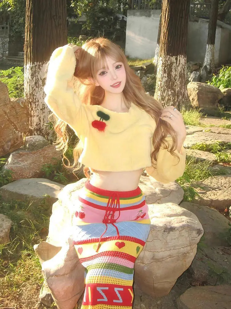 Y2k Two Piece Skirt Suit Pure Desire Short Pullover Knitted Sweater 2024 Dopamine Korean y Style Slimming Slim Knitted Skirt 250224