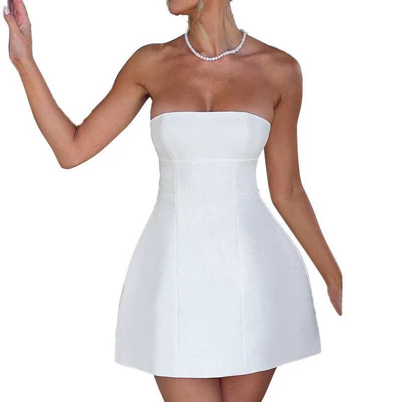 Non velvet sexy tube top mini dress solid splicing work high waist summer fashion Fe Bodycon skipping rope holiday strapless dressXJ250224