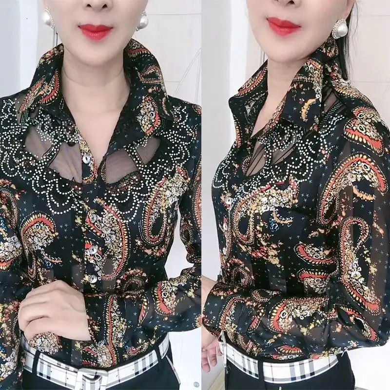 Loose Printed Long Sleeved Fashionable Elegant Chiffon Lace Shirt for Women Spring Autumn High-end Western Floral Bottom Top 250224