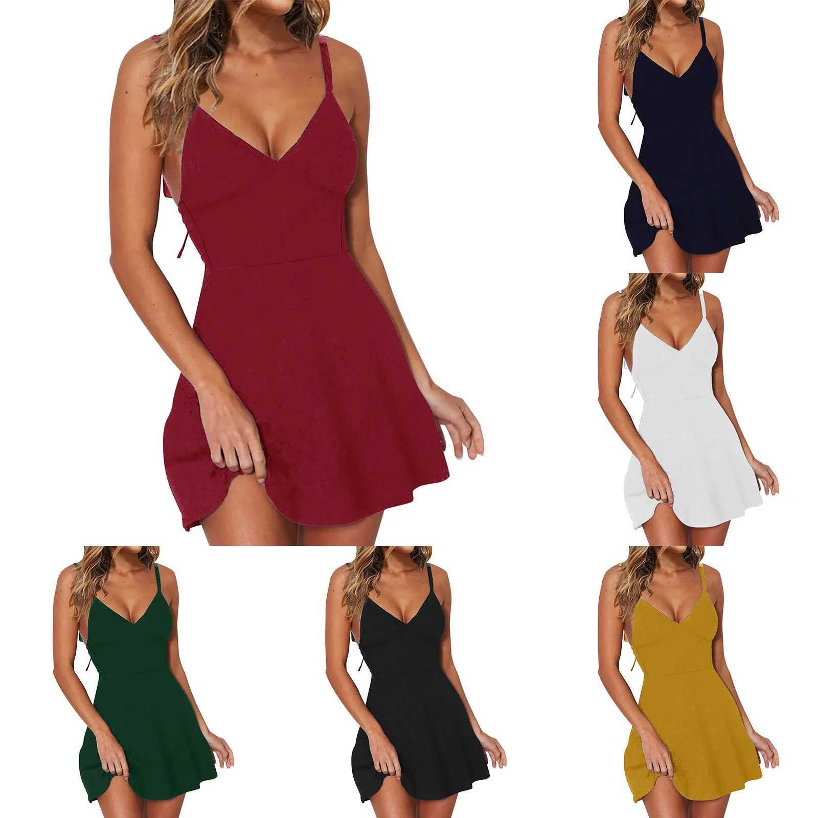 Womens solid color camisole dress long waist deep V-neck strapless pleated waist dress summer sexy club short skirtXJ250224