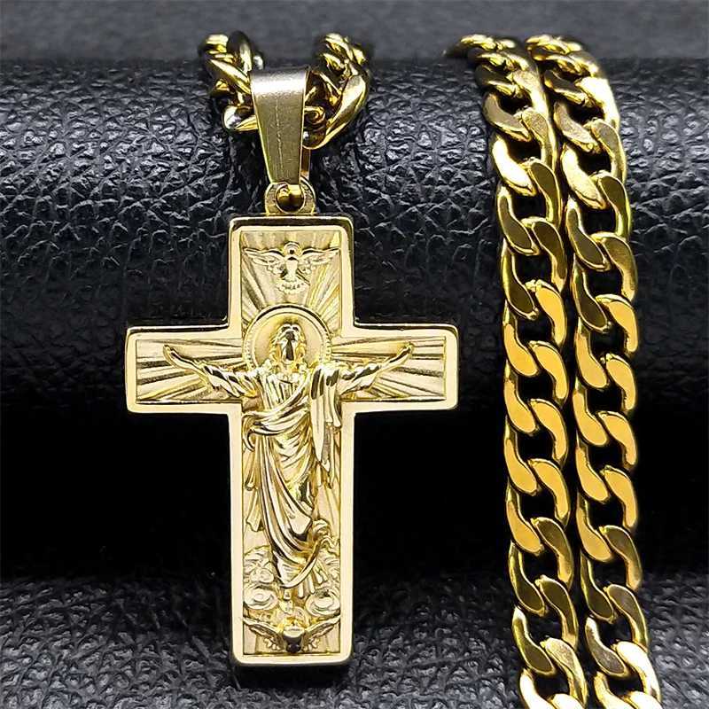 Stainless Steel Cross Jesus Pendant Necklace for Men Gold Color Hip Hop Cuban Chain Religious Crucifix Necklaces Jewelry NZZ470S X250224