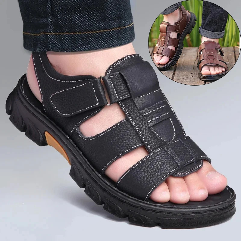 Mens Sandals Adjustable Solid Color Shoes Summer Casual Comfort with Durable Rubber Sole Breathable PU for Outdoor Walking 250224