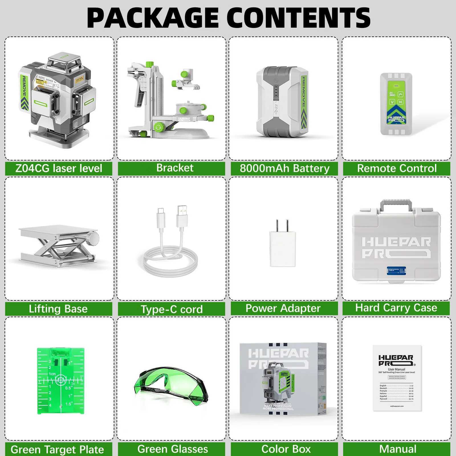 Huepar Professional Laser Level 4D 16 Lines 2mm High Accuracy Green Cross Line Laser 8000mAh Li-ion Battery For Construction X250225