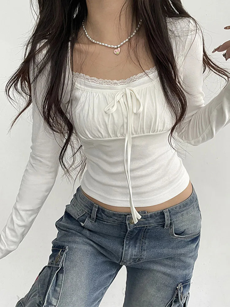 Bandage Folds Square Collar Crop Top Women Fairycore y2k White T Shirts Basic Knitted Elegant Tees Vintage 2000s Clothing 250225
