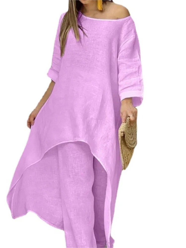 Womens Cotton Linen Long Pants Sets Fashion Solid Casual Irregular Tops Wide Leg Pant Suits Office Lady Two Piece Sets Clothes 250224