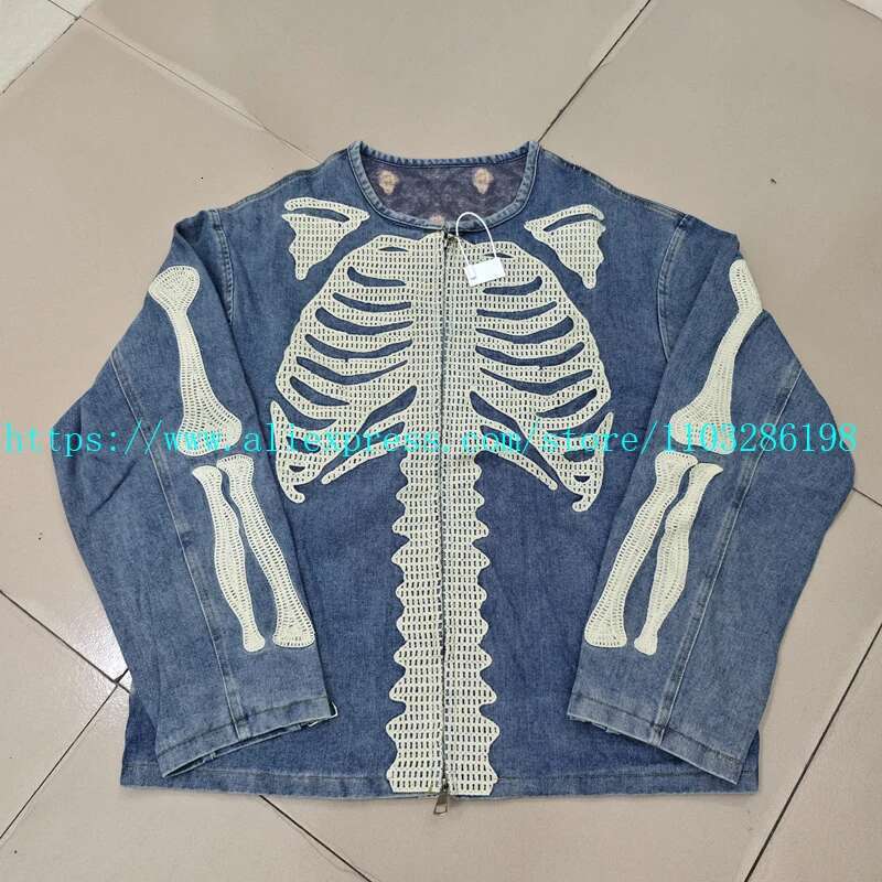 24SS KAPITAL Denim Zipper Jacket Skulls Skeleton Bone Embroidered Loose Coat Long Sleeve Design for Men Women
