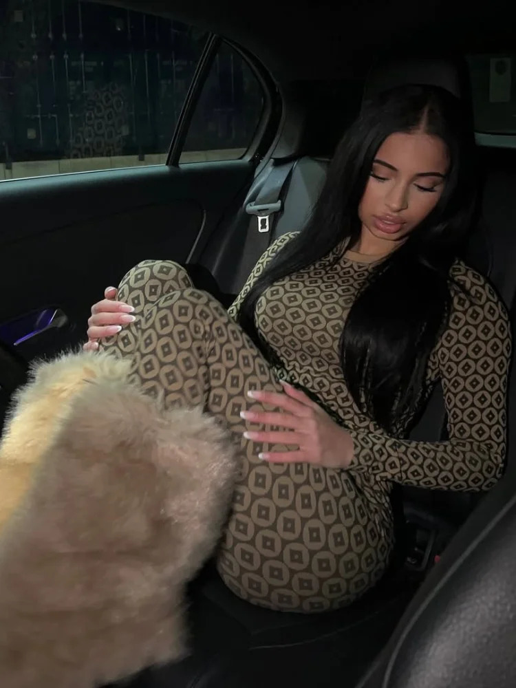 2025 Elegant Printed Round Neck Bodycon Tops Sets Womens Chic Slim Fitted High Waist Tight Trousers Suit Lady Street Outfit 250224