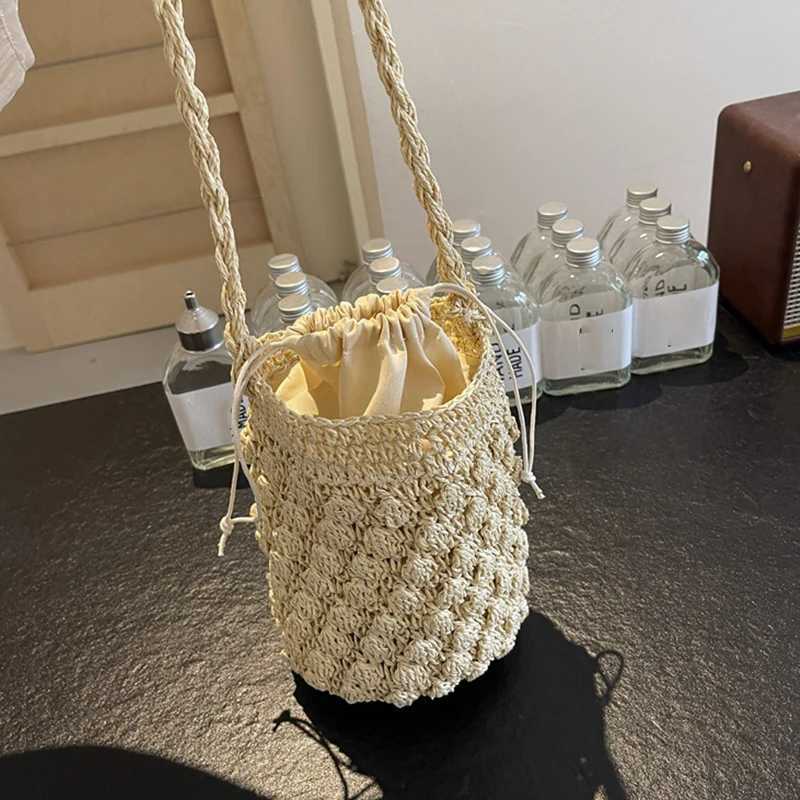 Handmade Woven Bucket Bag for Women Bohemian Shoulder Bags Knitted Summer Straw Beach Bag Female Round Cut Out Handbags