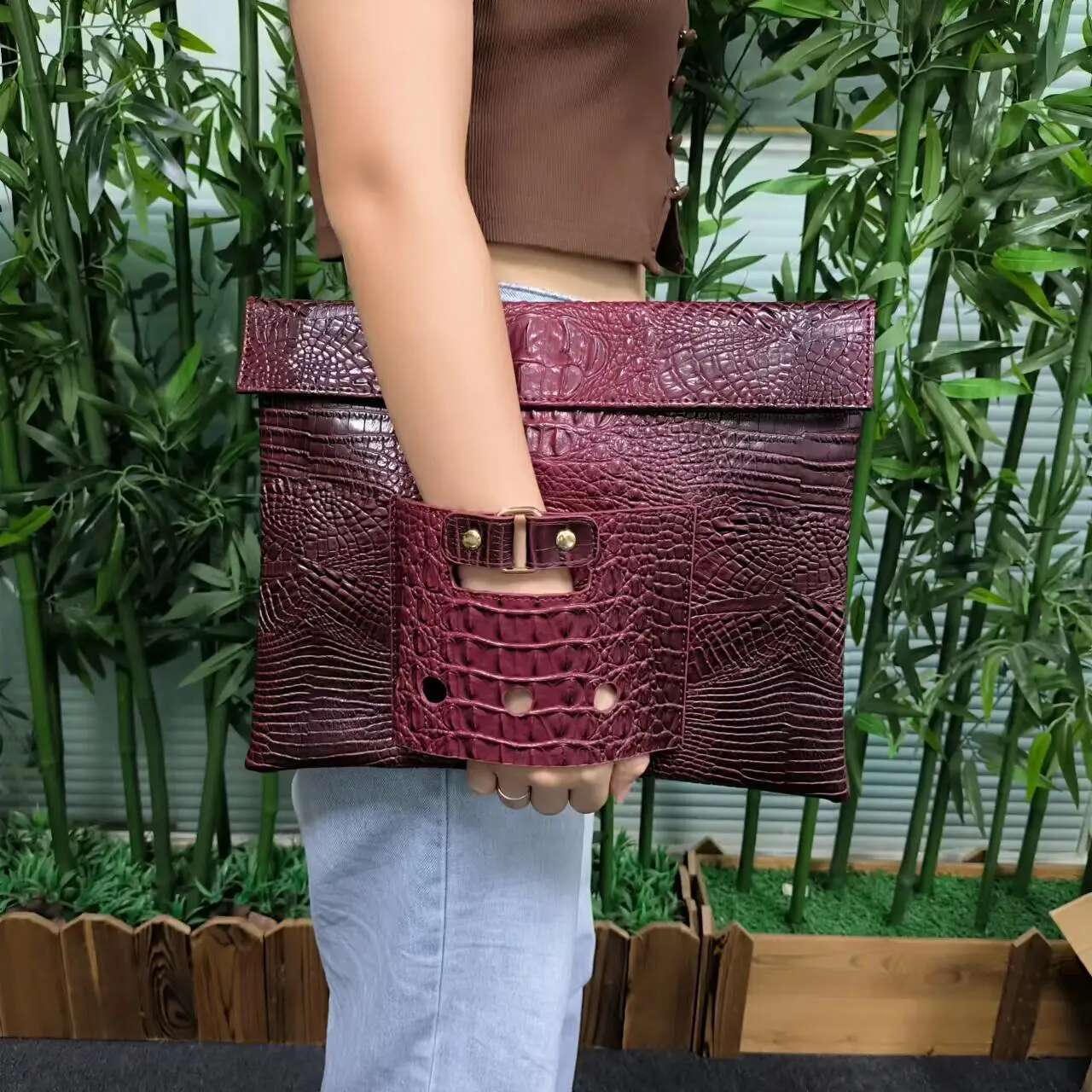 Large Crocodile Green File Folder A4 Document Fashion Women Laptop Pouch Business Briefcase Bag