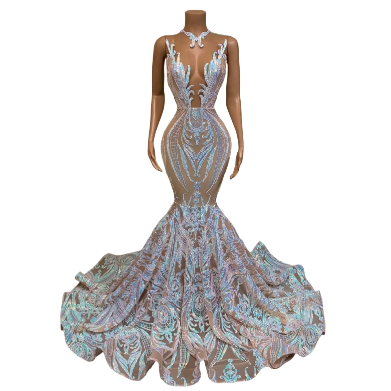 Glitter Sequined Mermaid Prom Dresses African Pageant Occasion Gown Illusion Neck Sleeveless Chic Black Girls Evening Dress 2025