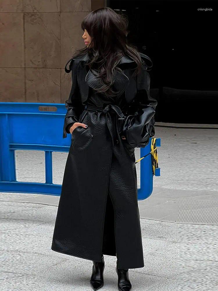 Women's Trench Coats High Street Leather Trenchcoat Women 2025 Early Spring Fashion Lapel Full Sleeves Double Breasted With Belt Female PU LETHER