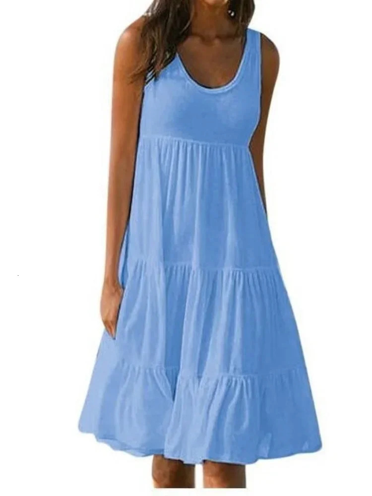 Oversized O Neck Sleeveless Ruffles Loose Beach Dress Women Boho Solid Color Plus Size Elegant Sundress Club Party Vestidos 250225