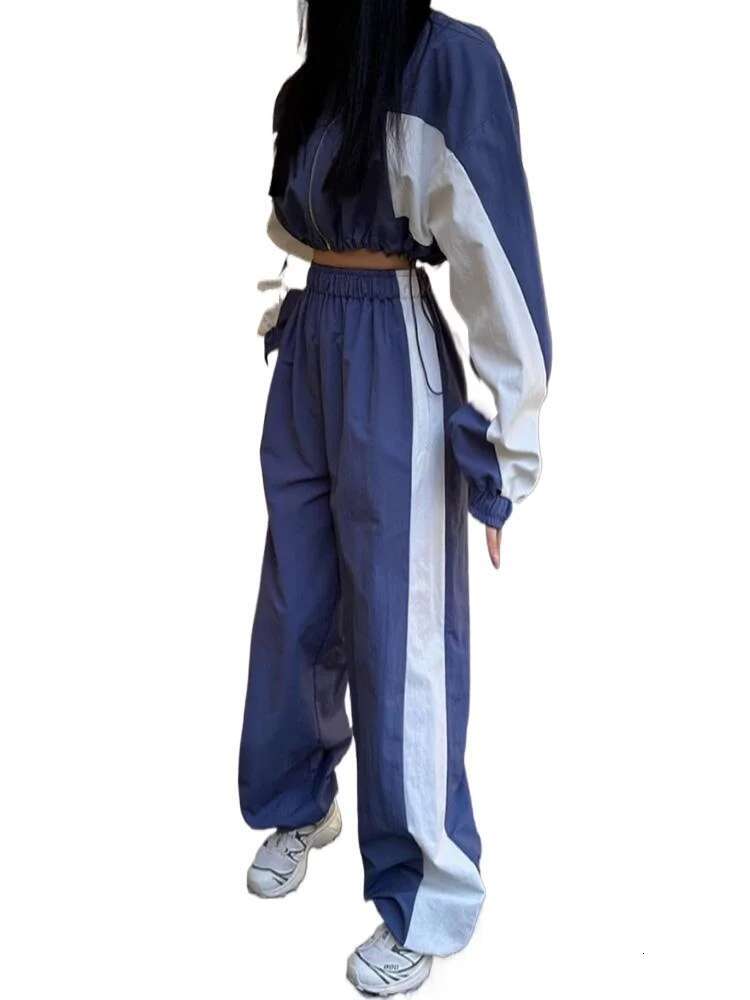 Getspring Women Pant Sets 2024 Autumn Color Matching Quick Drying Short Top Drawstring High Waist Loose Long Wide Leg Two Pieces