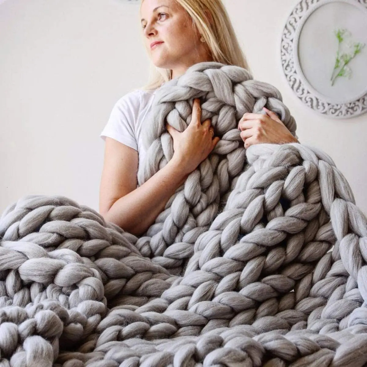 Handmade Chunky Knit Blanket Large Thick Wool Bulky Knitting Throw for Bedroom Decor Pet Bed Chair Mat Rug Grey 250218 - view 3