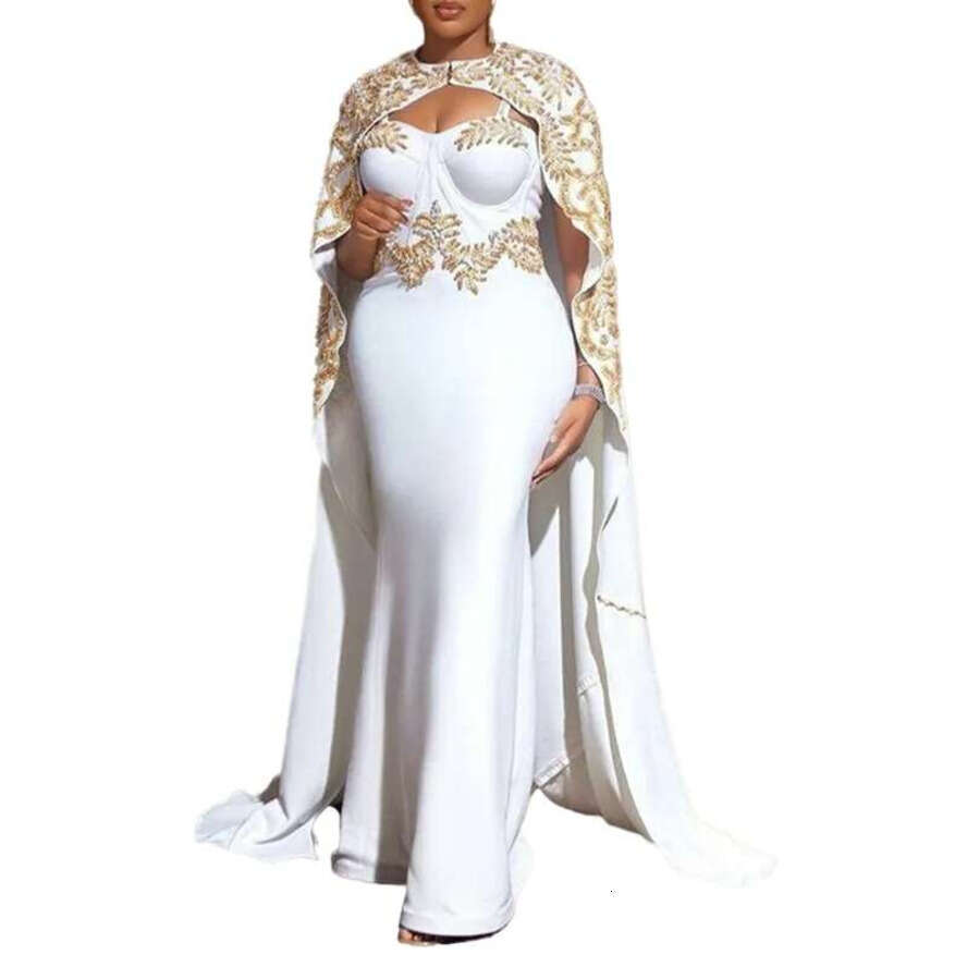 Arabic Beaded Dubai Evening Elegant White Satin Corset Mermaid Formal Event Gowns With Long Cape Wrap Women Plus Size Prom Dresses Robe De Soriee