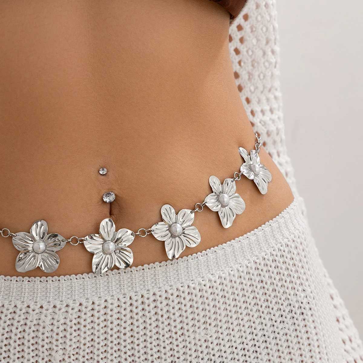 Salircon Fashion Imitation Pearl Metal Flowers Waist Chain For Women Egant Sexy Body Waist Chain Jewelry GiftXJ250224