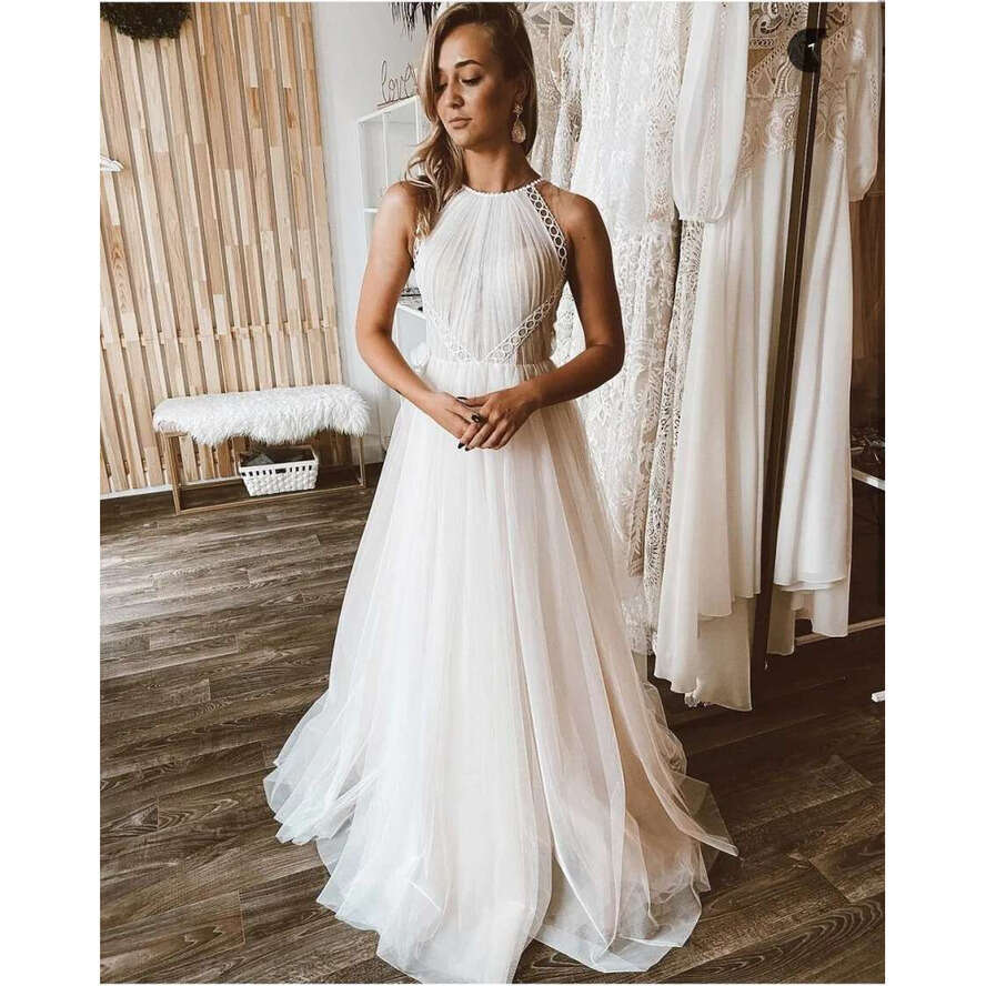 Halter Wedding Dress Boho Sleeveless Tulle A-E Robe De Mariee For Women Bridal Gowns Court Train White Pleat Lace Appliques