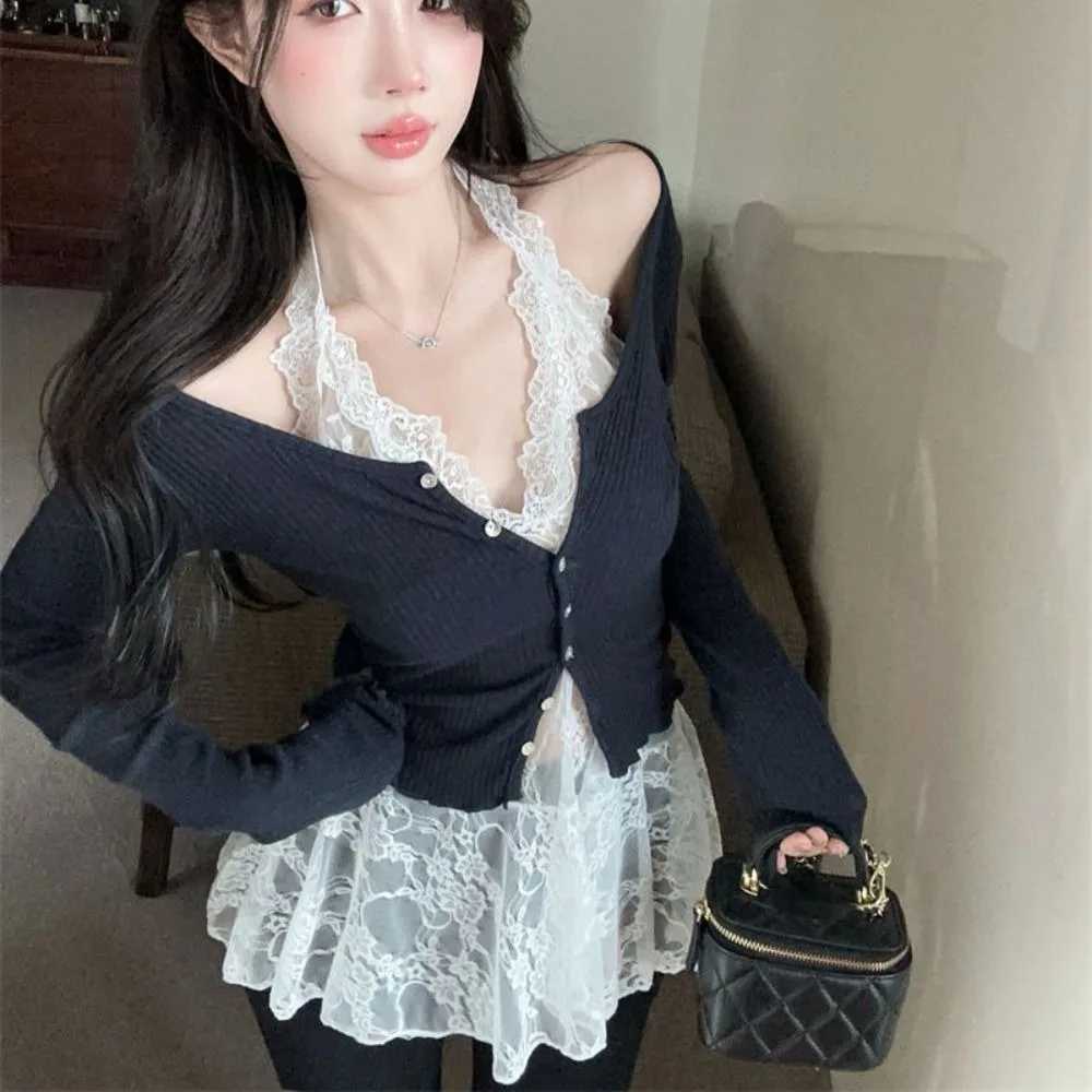 Fashionable transparent lace camisole dress A-line V-neck lace camisole short sleeved dress sweet streetwear womens clothingXJ250224