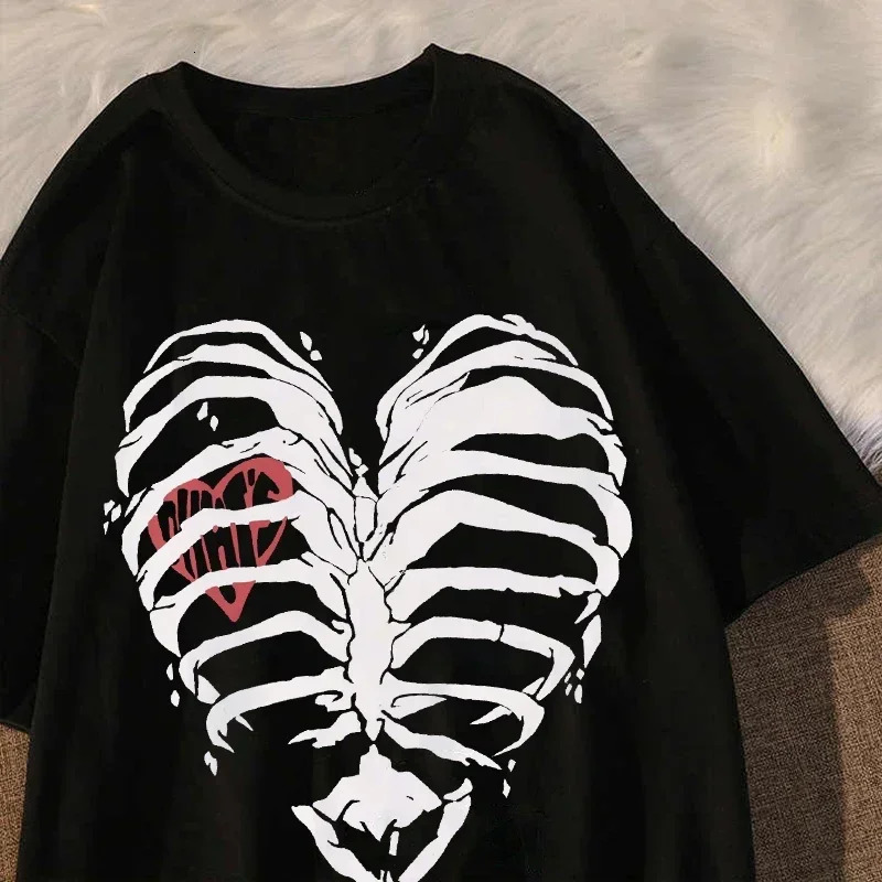 Womens T-shirt Harajuku Y2K Top Harajuku Retro Korean Style Black Demon Punk Gothic Anime Print Slim Fit Thin T-Shirt Clothes 250225