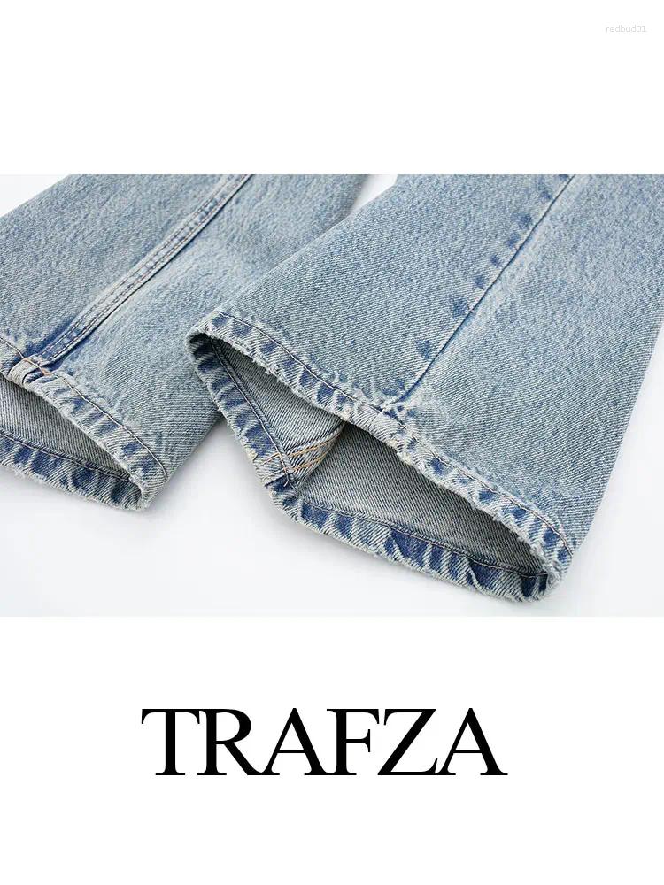 Women's Jeans TRAFZA 2025 Vintage Denim For Women 2 Colors High Waist Zipper Ripped Distressed Patchwork Causal Straight Tr