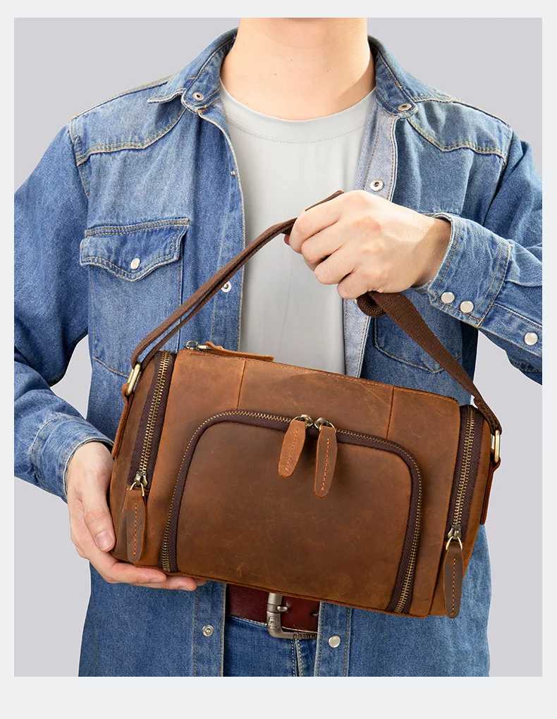 2025 new design fashion horizontal cylinder bag crazy horse leather men shoulder bag leather messenger bag shopping vintage bag Z250225