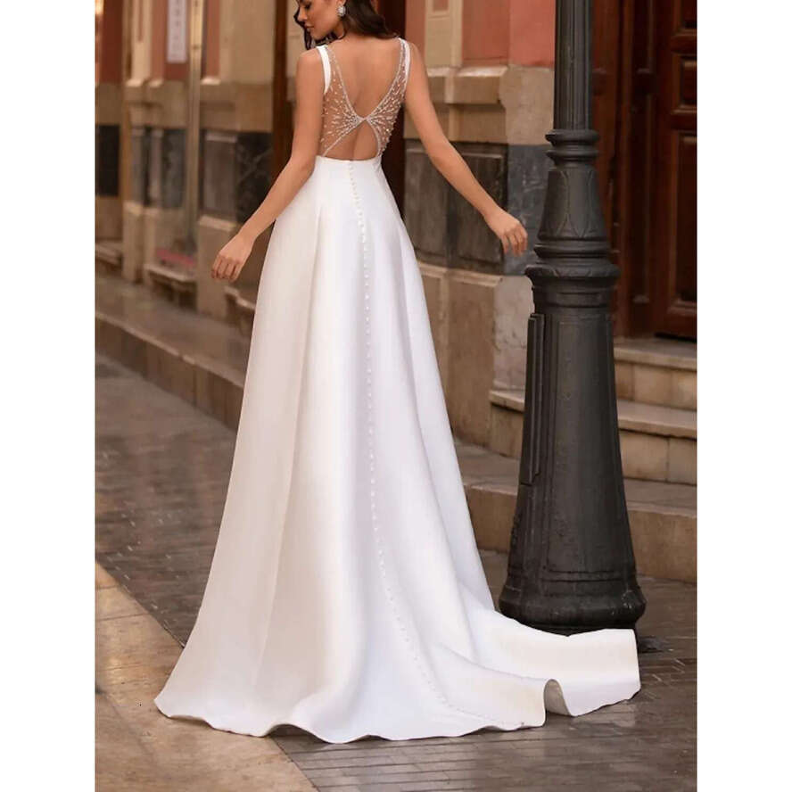 E A Women Wedding Dress Jewel Backless Sweep Brush Train Satin Sleeveless Country Bridal Gowns