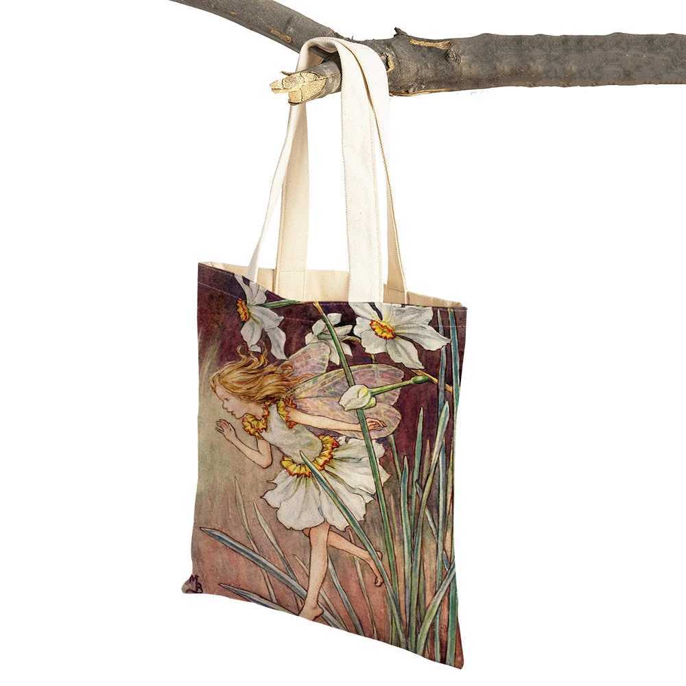 Double Print Child Shopper Bags Casual Fairy Tale World Elves Linen Tote Handbag Cute Cartoon Flower Girl Shopping Bag for Women Z250224