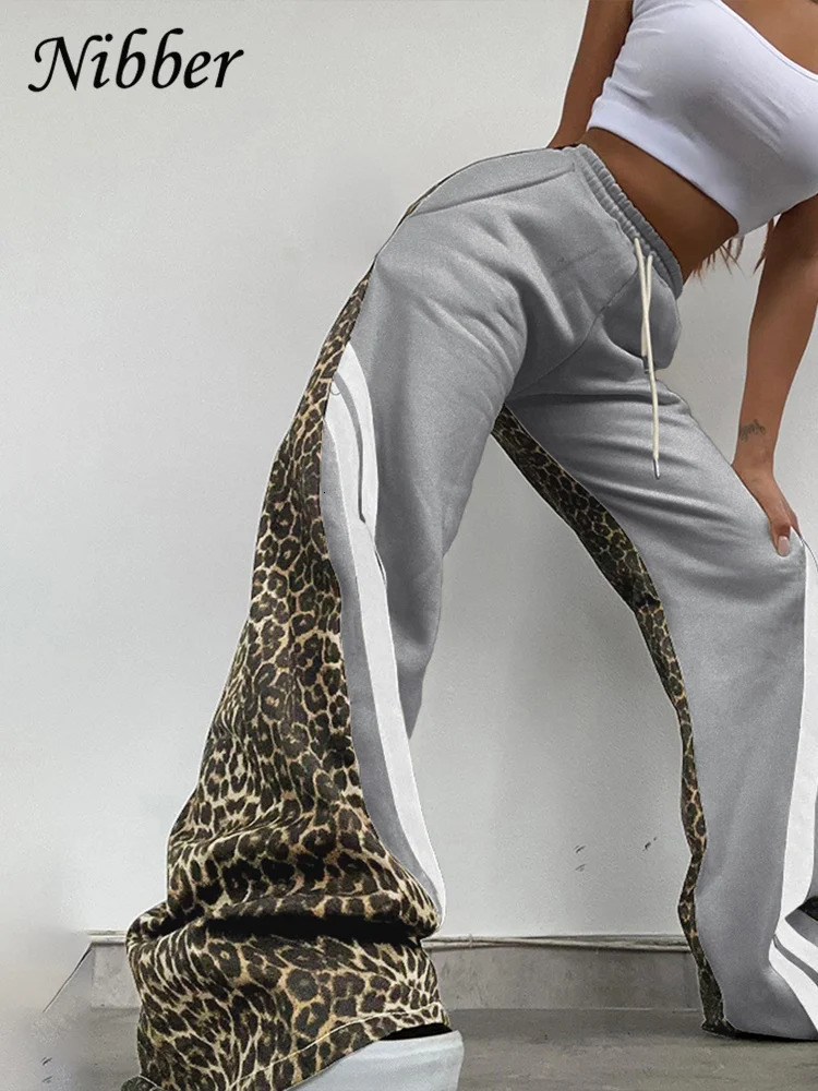 Nibber Side Stripe Women Flare Pants Autumn Hipster Leopard Patchwork Pocket Casual Wild Basic Street Sports Sweatpants Trousers 250225