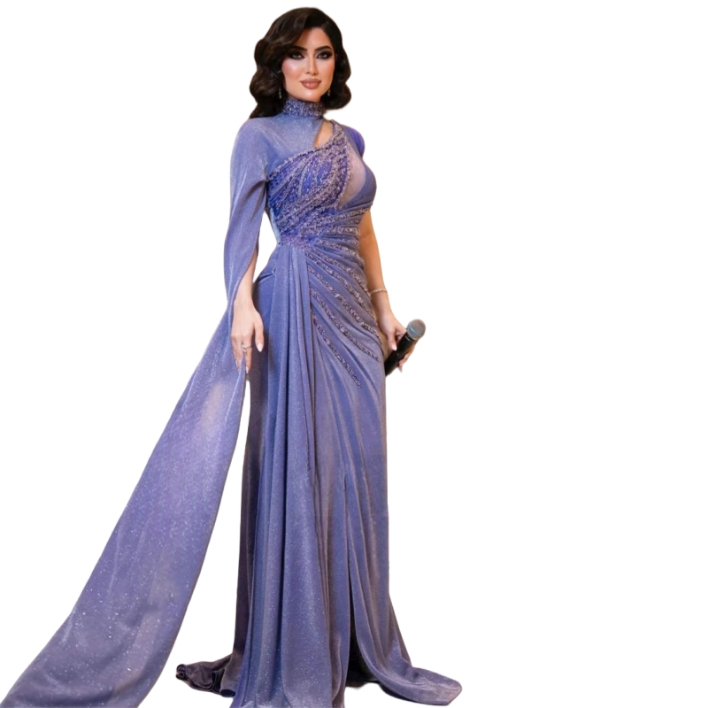 Elegant Arabic Prom Dresses Front Slit Beaded High Neck Pleats Long Shiny Evening Gown One Long Sleeves Special Occasion Dress