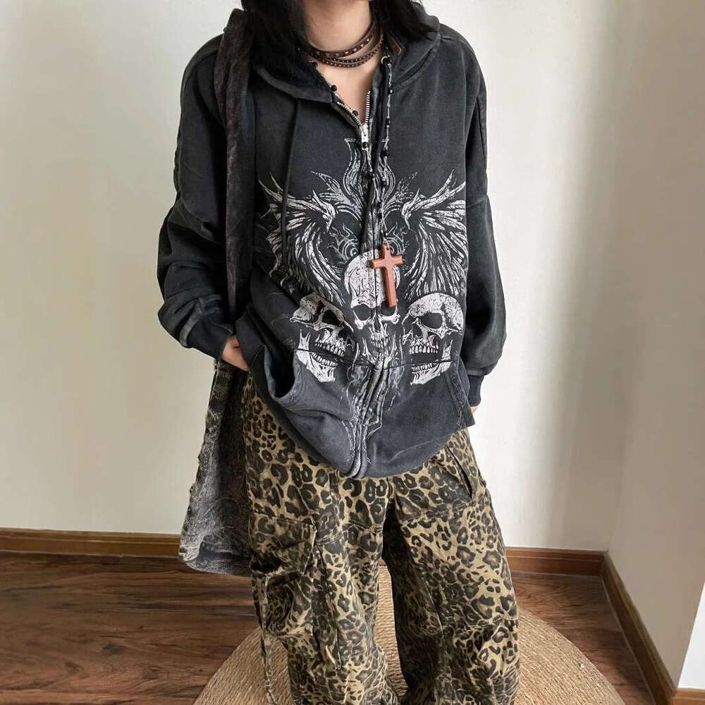 Dark Y2K Gothic style autumn/winter American skull print zipper hooded with plush niche sweatshirt jacket