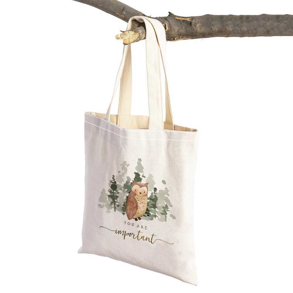 Bear Fox Rabbit Owl Shopping Bag Childrens Gift Cartoon Animal Double Print Reusable Canvas Girl Shopping Bag Womens Handbag Z250224