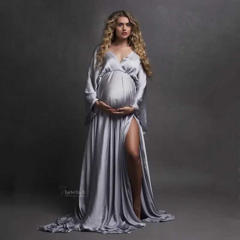 Boho Maternity Long Dresses for Photography Pregnant Woman Photoshoot Dress Elegance Satin V-Neck Plus Size Costume X250224