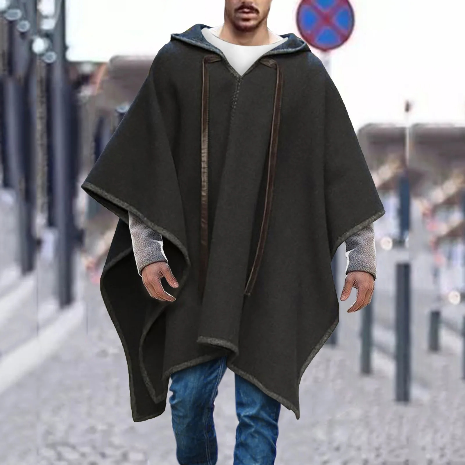 Autumn Winter Shawl Coat Mens Cloak Sweatshirts Windbreaker Vintage Cape Jackets Hooded Poncho Loose Outwear Trench 250224