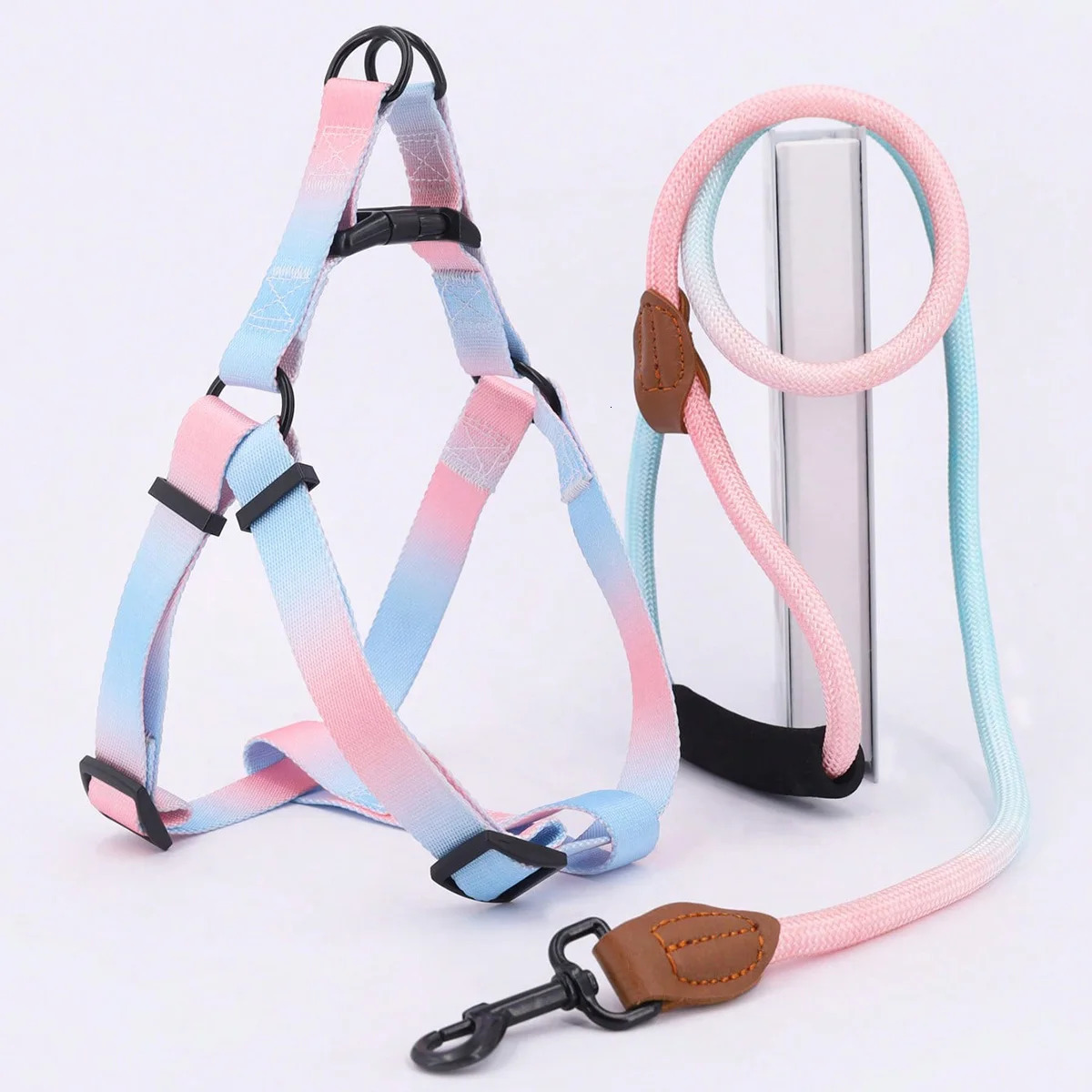 A set of colorful pet harness with leash and dog leash for indoor and outdoor use 250224