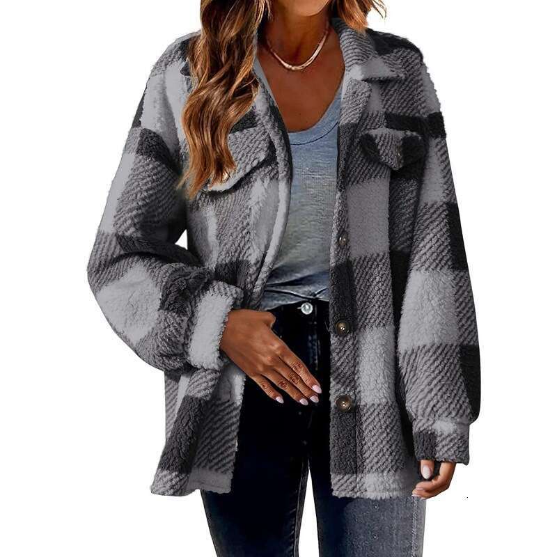 New Autumn Winter Women's Clothing With Pocket Plaid Lambskin And Button Down Plush Jacket