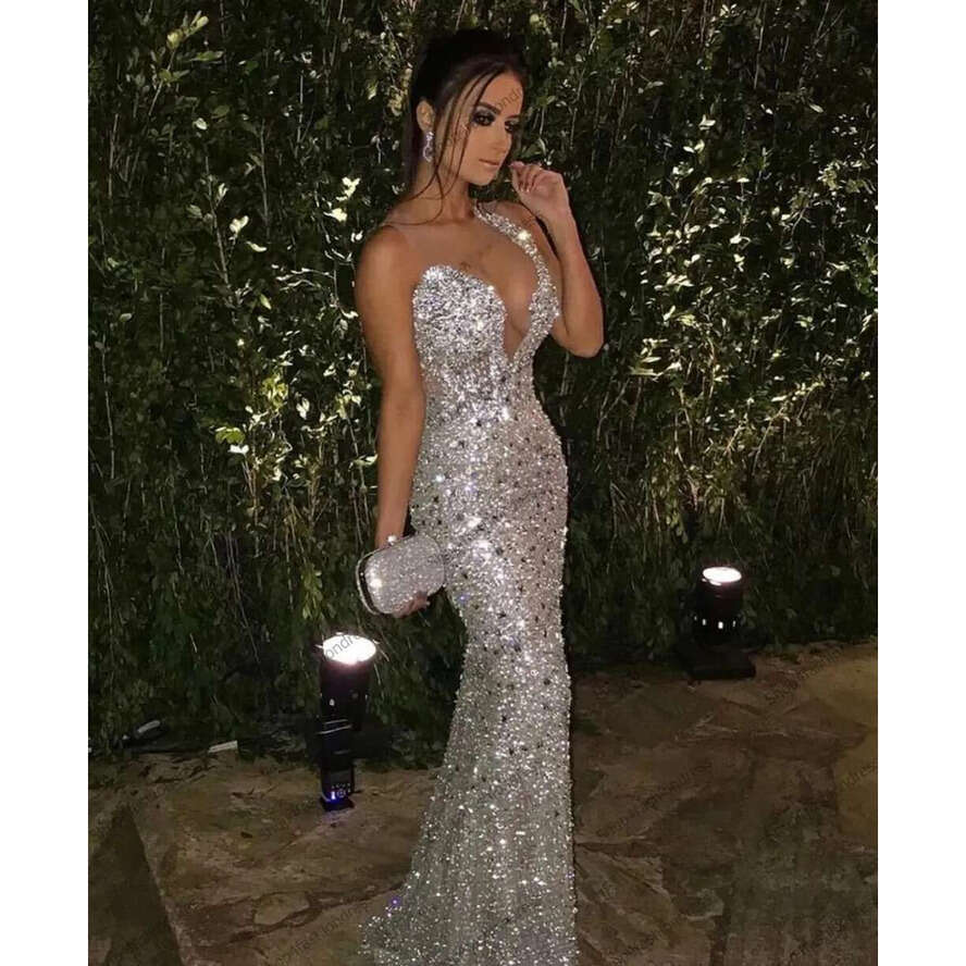 Sparkle Sier Sequined Long Prom Dresses 2025 See Thru Sexy V-Neck Crystal Birthday Evening Formal Dress Elegant Robe De Soiree Customed