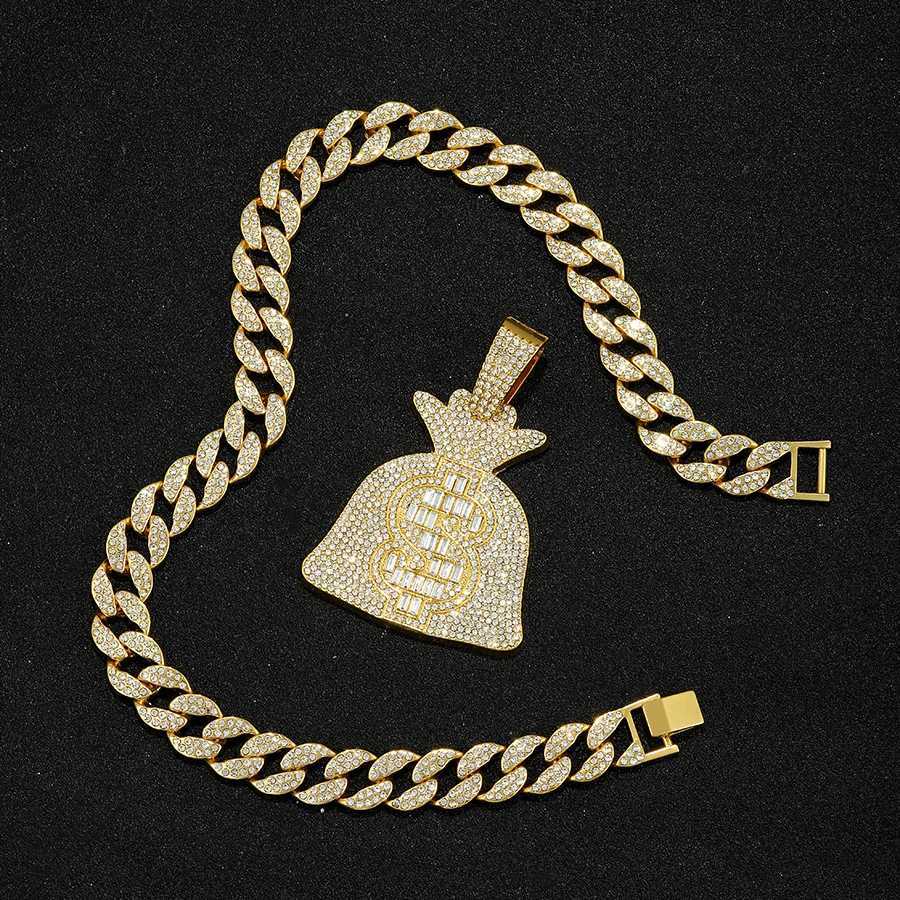 d Out Cuban Chain With Hip Hop Alloy And Bling Rhinestone Big Dollar Bag Pendant Choker Necklace X250224