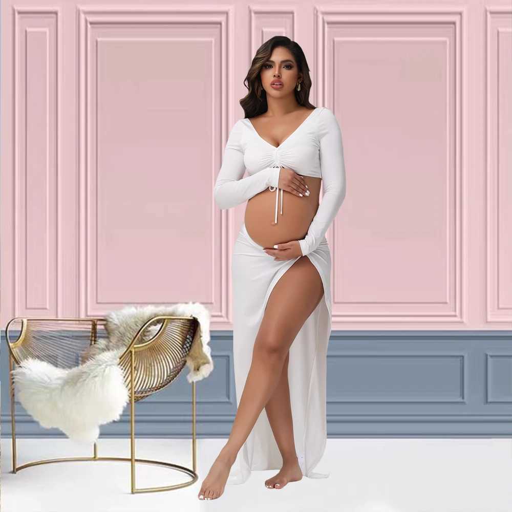 Pregnant Women Clothing Dress Maternity Cut Out Backless V Neck Rawstring Top Slit Skirt Set Baby Shower Evening Gown X250224