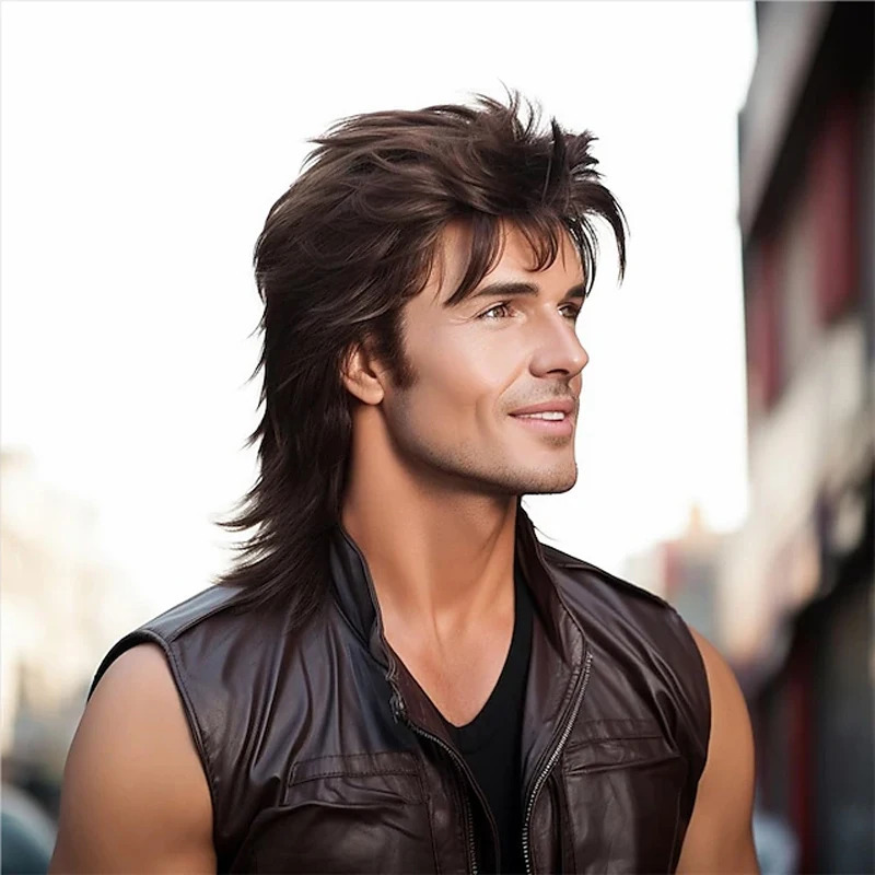 HAIRJOY Synthetic Hair Mullet Wig Adult Funny Wigs for Men Pop Rock Wig Joe Dirt Wig for 70s 80s Wig Brown Synthetic Wigs 250224