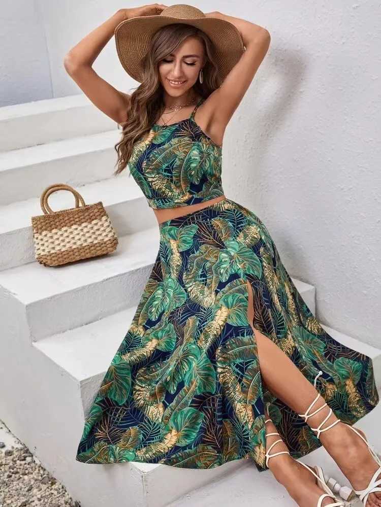 Basic Dresses Casual Bohemian Beach Vacation Set Dress For Womens Sexy Vest Camisole Top A-line Skirt Two-Piece Boho Print Sets Outfit Woman H25224 C2