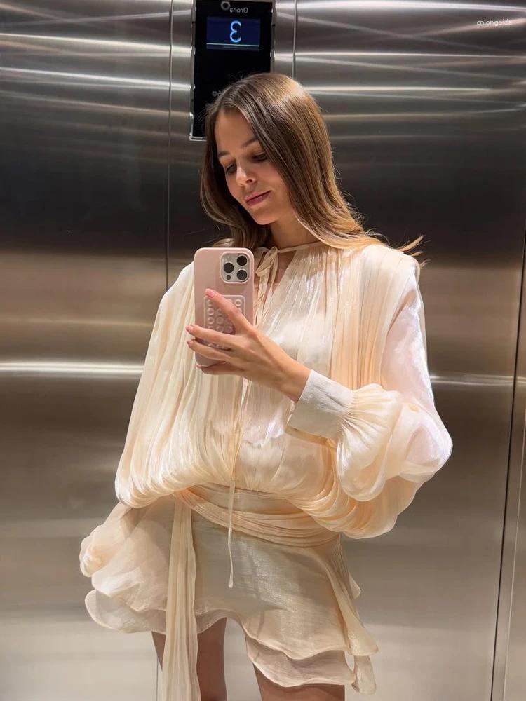 Casual Dresses Elegant Lace Up Womens Dress Lantern Sleeve V Neck Loose Mini Female 2025 Spring Summer Pleated Shining Lady Vestidos