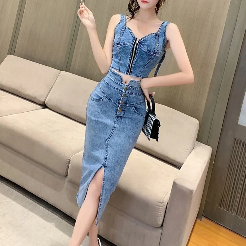 denim 2 piece set women korean outfits summer top and skirt two piece set Sexy elegant 2024 fashion midi skirt in matching 250224