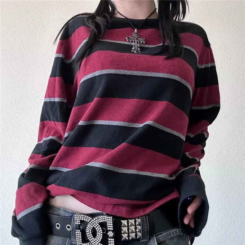 Womens Y2k Stripe Graphic Long Sleeve Slim Grunge Tops Long Sleeve Tees Emo Clothes T-Shirts Aesthetic Vintage Streetwear 250224