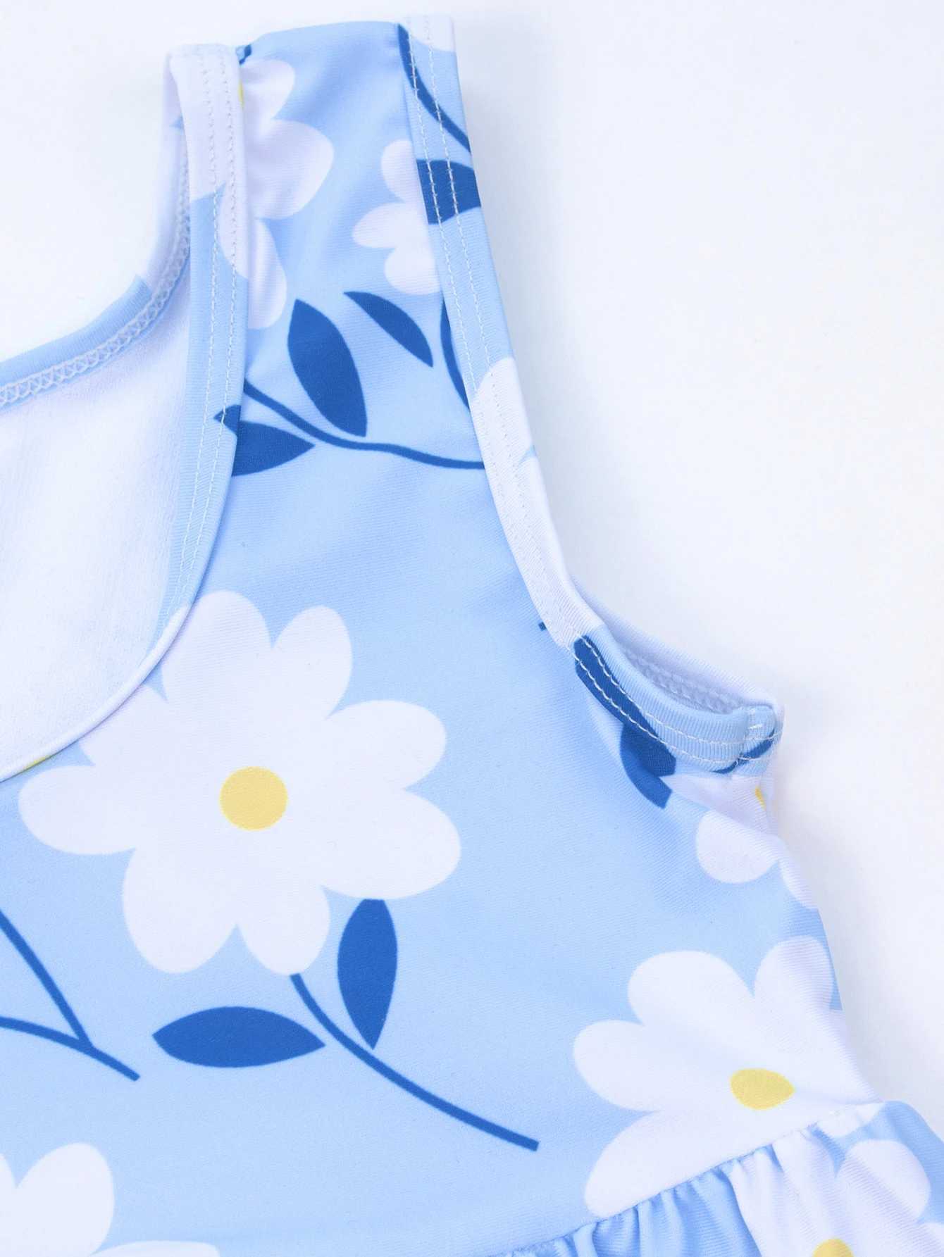 Flower ruffled high stretch beach girl childrens swimsuit high waist swimsuit childrens vacation bikini set X250224