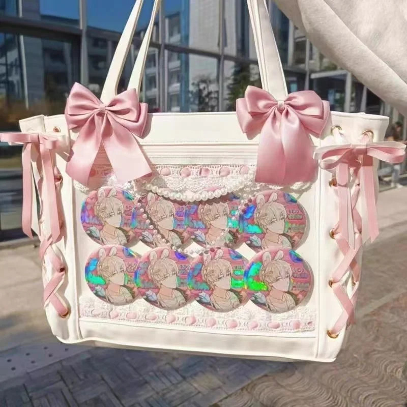 Japanese Sweet Women Ribbon Ita Bag Cute Lolita Girl Transparent Handbags Fashion Large Capacity Tote Bag Aesthetic Shoulder Bag 250221