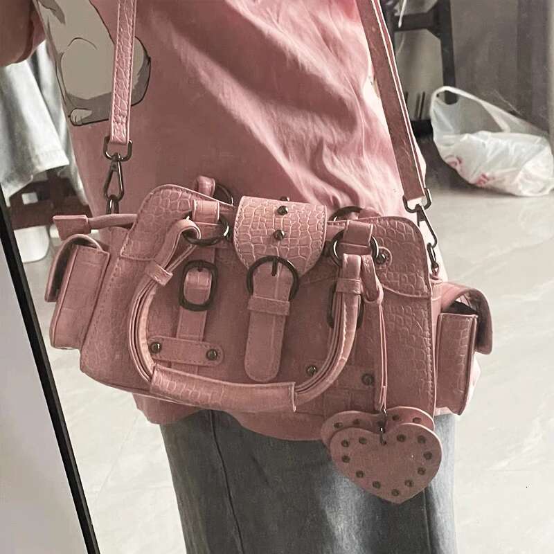 Moto & Biker Bag For Women Designer Handbag Purses 2024 New In PU Crocodile Pattern Rivet Belt Buckle Top Handle Shoulder